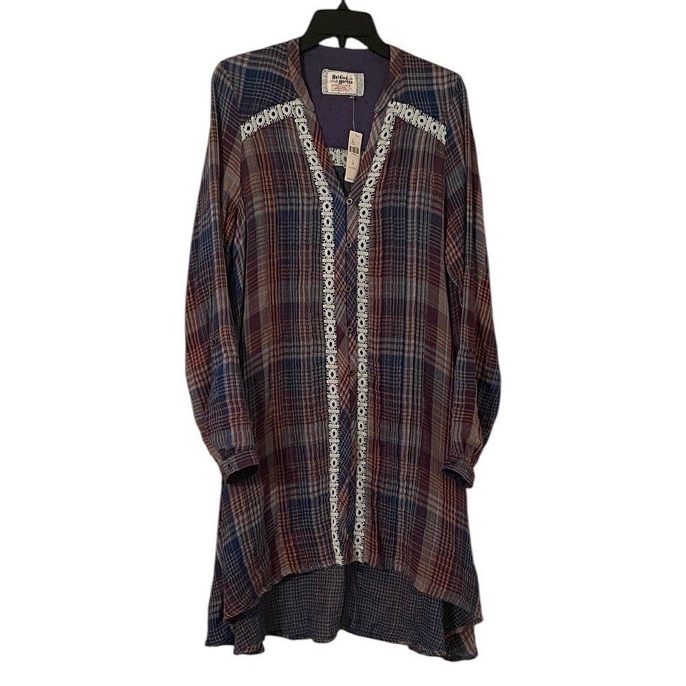 Anthropologie Holding Horses Navy‎ Multicolor Plaid Lace Button Up Dress Size M